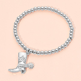 Stainless Steel CZ Stone Paved Star Accent Cowboy Boot Charm Stretch Bracelet