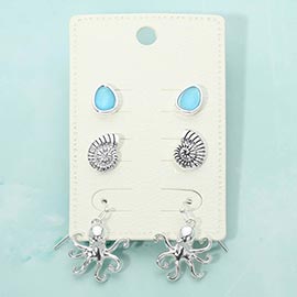 3Pairs - Sea Glass Swirl Shell Octopus Earring Set