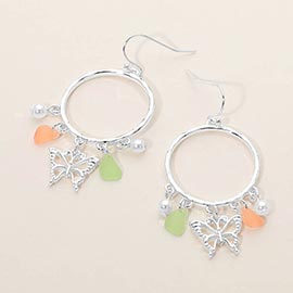 Butterfly Sea Glass Charm Drop Open Ring Dangle Earrings