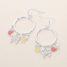 Butterfly Sea Glass Charm Drop Open Ring Dangle Earrings