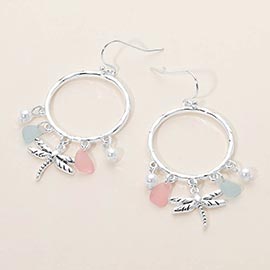 Dragonfly Sea Glass Charm Drop Open Ring Dangle Earrings