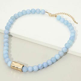 Hammered Metal Bar Accent Chunky Marbled Ball Beaded Necklace