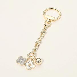 14K Gold Plated CZ Stone Paved Mother of Pearl Quatrefoil Charms Drop Bag Charm Keychain