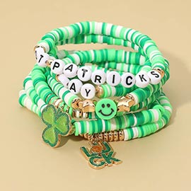 6PCS - LUCK Charm Smile Face Clover ST PATRICKS DAY Heishi Beaded Stretch Multi Layered Bracelets