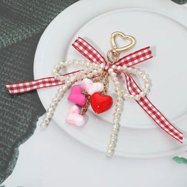 Checkered Pearl Bow Heart Charm Drop Keychain Bag Charm