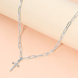 Stainless Steel Cross Pendant Paperclip Chain Necklace