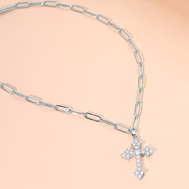 Stainless Steel CZ Cross Pendant Paperclip Chain Necklace