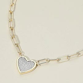 14K Gold Plated CZ Stone Paved Heart Pendant Paperclip Chain Necklace