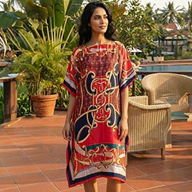 Abstract Print Resort Silky Kaftan Midi Dress