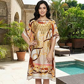 Abstract Print Resort Silky Kaftan Midi Dress