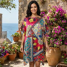 Bold Bohemian Patchwork Print Resort Silky Kaftan Midi Dress