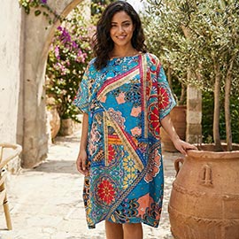 Bold Bohemian Patchwork Print Resort Silky Kaftan Midi Dress