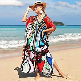 Abstract Art Print Resort Silky Kaftan Maxi Dress