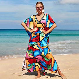 Color Splash Print Resort Silky Kaftan Maxi Dress