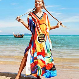Abstract Guitar Print Resort Silky Kaftan Maxi Dress