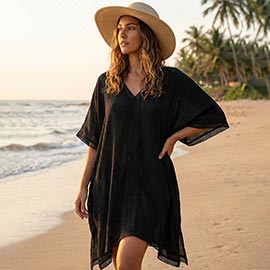 Solid Color V Neck Beach Cover Up Tunic Dress