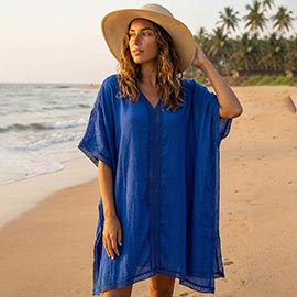 Solid Color V Neck Beach Cover Up Tunic Dress