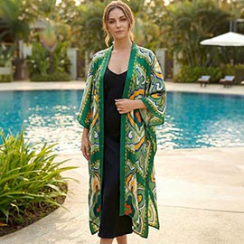 Silk Feel Boho Open Front Long Kimono Cover Up Poncho