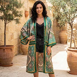 Open Front Silk Feel Paisley Pattern Kimono Cover Up Poncho