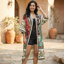 Open Front Silk Feel Ethnic Pattern Kimono Cover Up Poncho