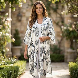 Silk Feel Floral Print Kimono Poncho