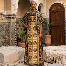 Elegant Baroque Print Resort Silky Kaftan Maxi Dress