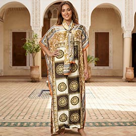 Elegant Baroque Print Resort Silky Kaftan Maxi Dress