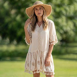 Boho Fringe Tassel Trim Embroidered Tunic Dress