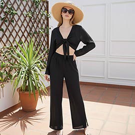 2PCS - Boho Tie Front Top Wide Leg Patne Beach Set