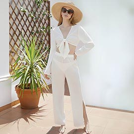 2PCS - Boho Tie Front Top Wide Leg Patne Beach Set