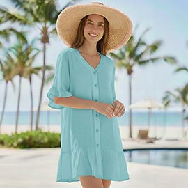 Button Front Ruffle Hem Beach Cover Up Dress