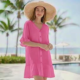 Button Front Ruffle Hem Beach Cover Up Dress