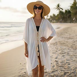 Boho Embroidered Open Front Tassel Tie Cover Up Kimono Poncho