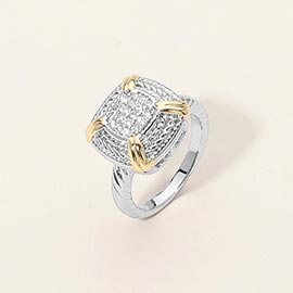 Two Tone CZ Stone Paved Square Accent Ring
