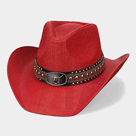 Boho Oval Steer Head Buckle Studded Faux Leather Band Straw Western Cowboy Hat