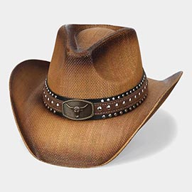Boho Oval Steer Head Buckle Studded Faux Leather Band Straw Western Cowboy Hat