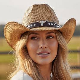 Boho Steer Head Accent Studded Faux Leather Band Woven Straw Western Cowboy Hat