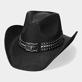 Metal Steer Head Buckle Studded Faux Leather Band Western Straw Cowboy Hat