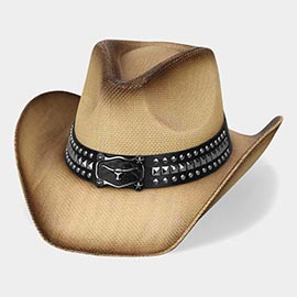 Metal Steer Head Buckle Studded Faux Leather Band Western Straw Cowboy Hat