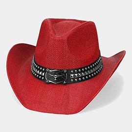 Metal Steer Head Buckle Studded Faux Leather Band Western Straw Cowboy Hat