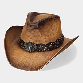 Boho Steer Oval Steer Head Buckle Accent Studded Faux Leather Concho Band Straw Western Cowboy Hat
