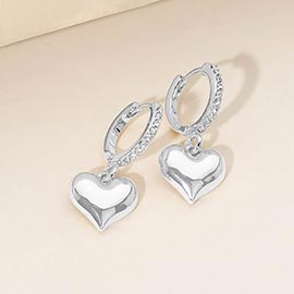 Silver Dipped Heart Charm Drop Dangle Stone Pave Huggie Hoop Earrings