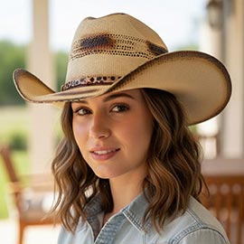 Star Accent Leopard Pattern Faux Leather Band Distressed Two Tone Western Cowboy Hat