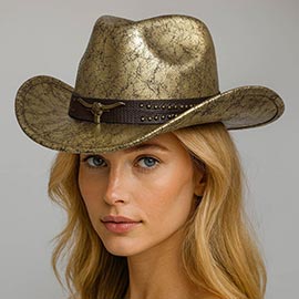 Steer Head Accent Studded Faux Leather Band Western Cowboy Hat