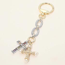 14K Gold Plated CZ Pearl Tip Cross Charms Drop Bag Charm Keychain