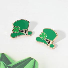 Enamel St Patricks Day Clover Hat Stud Earrings