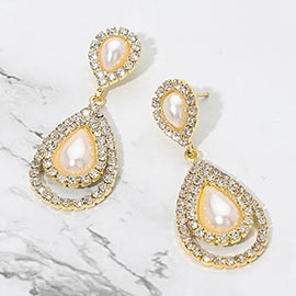 Teardrop Pearl Accent Rhinestone Pave Trim Drop Evening Earrings