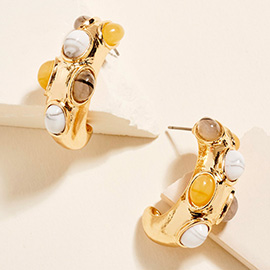 Oval Stone Embellished Chunky Hoop Earrings