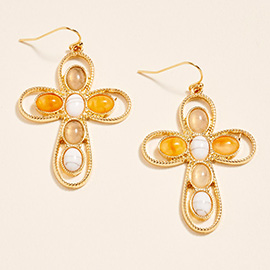 Oval Stone Accent Cross Dangle Earrings