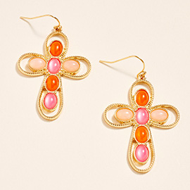 Oval Stone Accent Cross Dangle Earrings